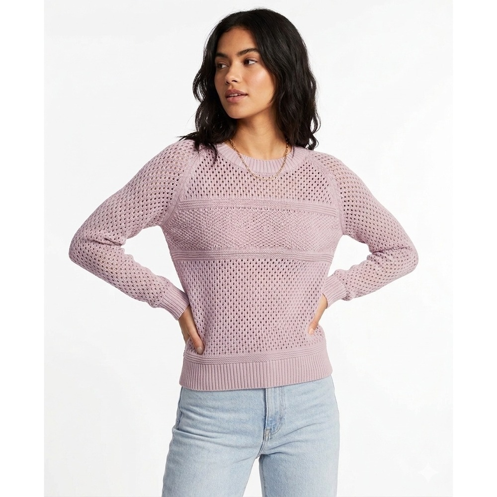 prAna Kokimo Sweater Purple Open Knit Crochet Crew Neck W21190690 - Medium